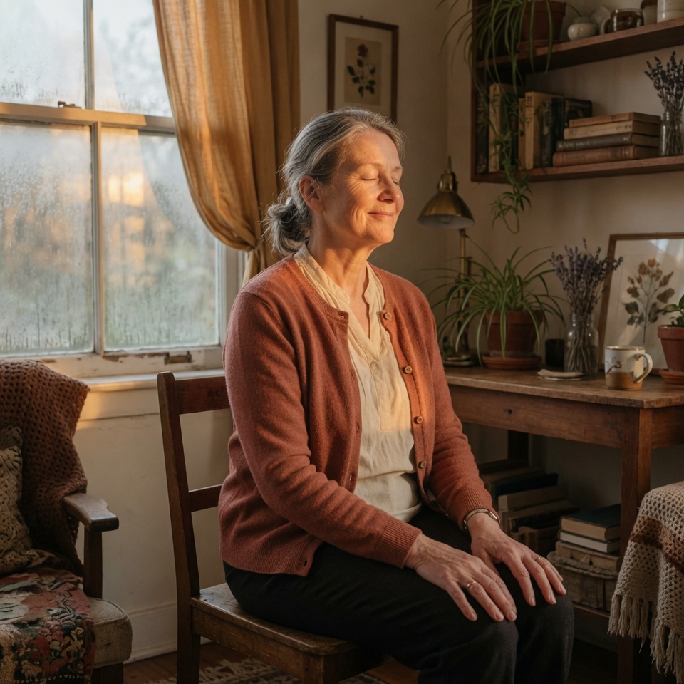 A senior woman practicing chair yoga in her home, in warm morning light